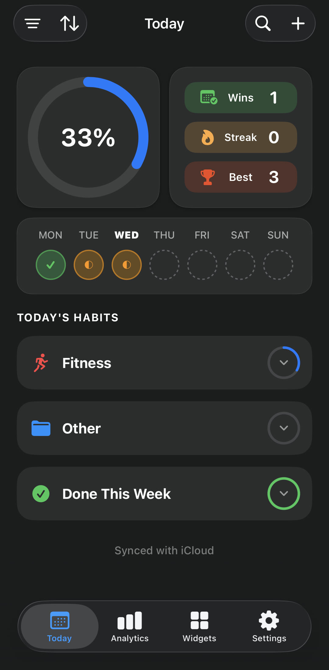 A Habits card auto-filled by Apple Health step count