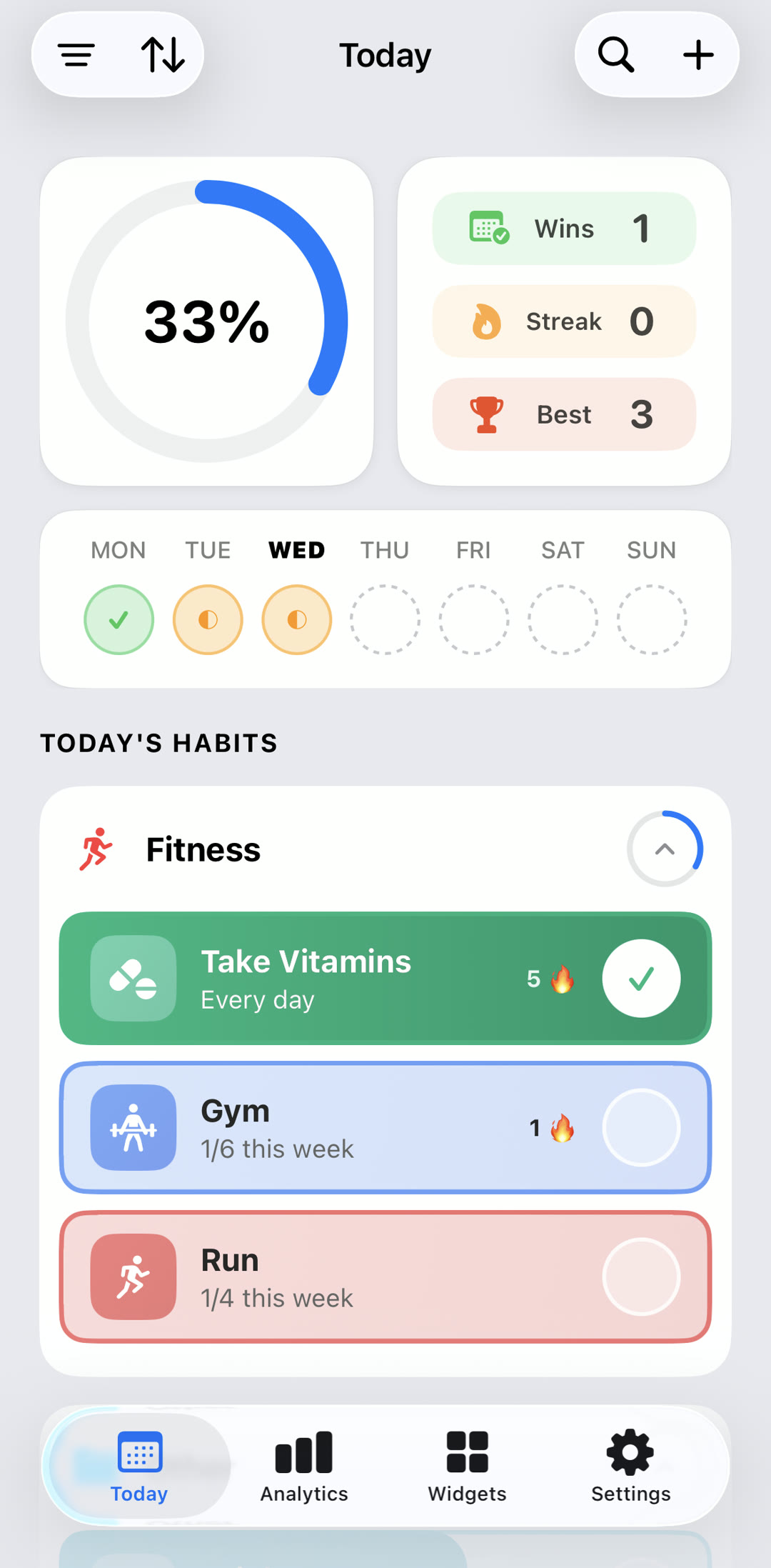 Habits Today — Fitness group expanded with habit cards