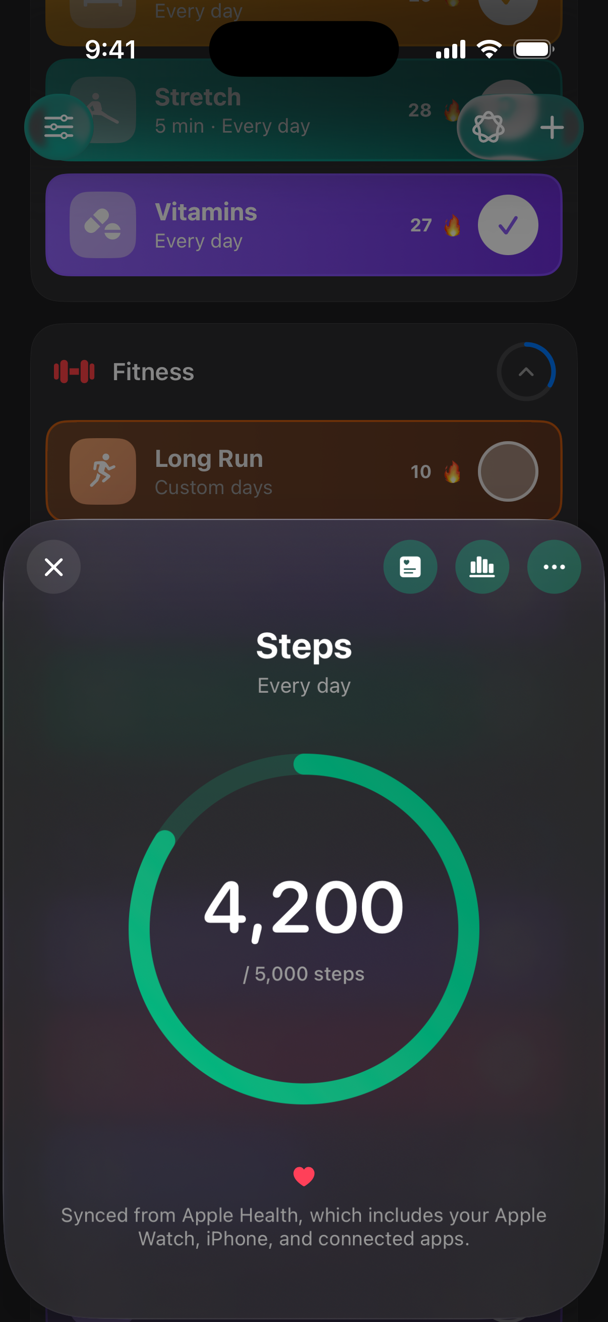 Habits showing a Steps habit automatically synced from Apple Health.
