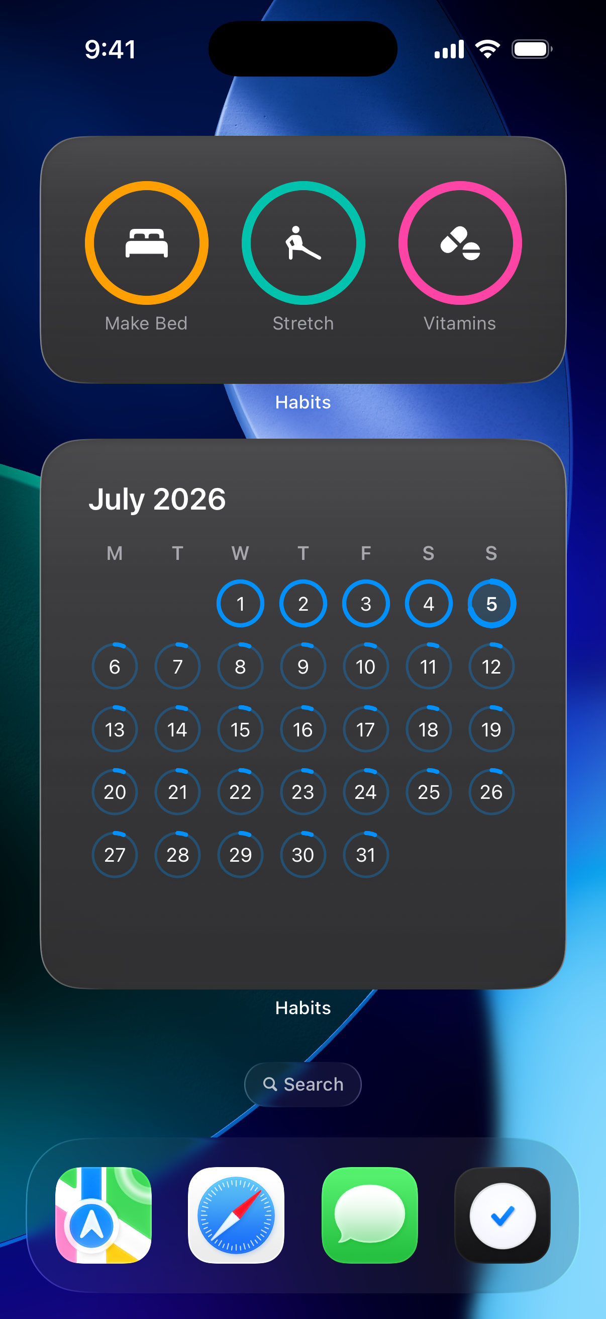 Habits calendar widget on an iPhone Home Screen.