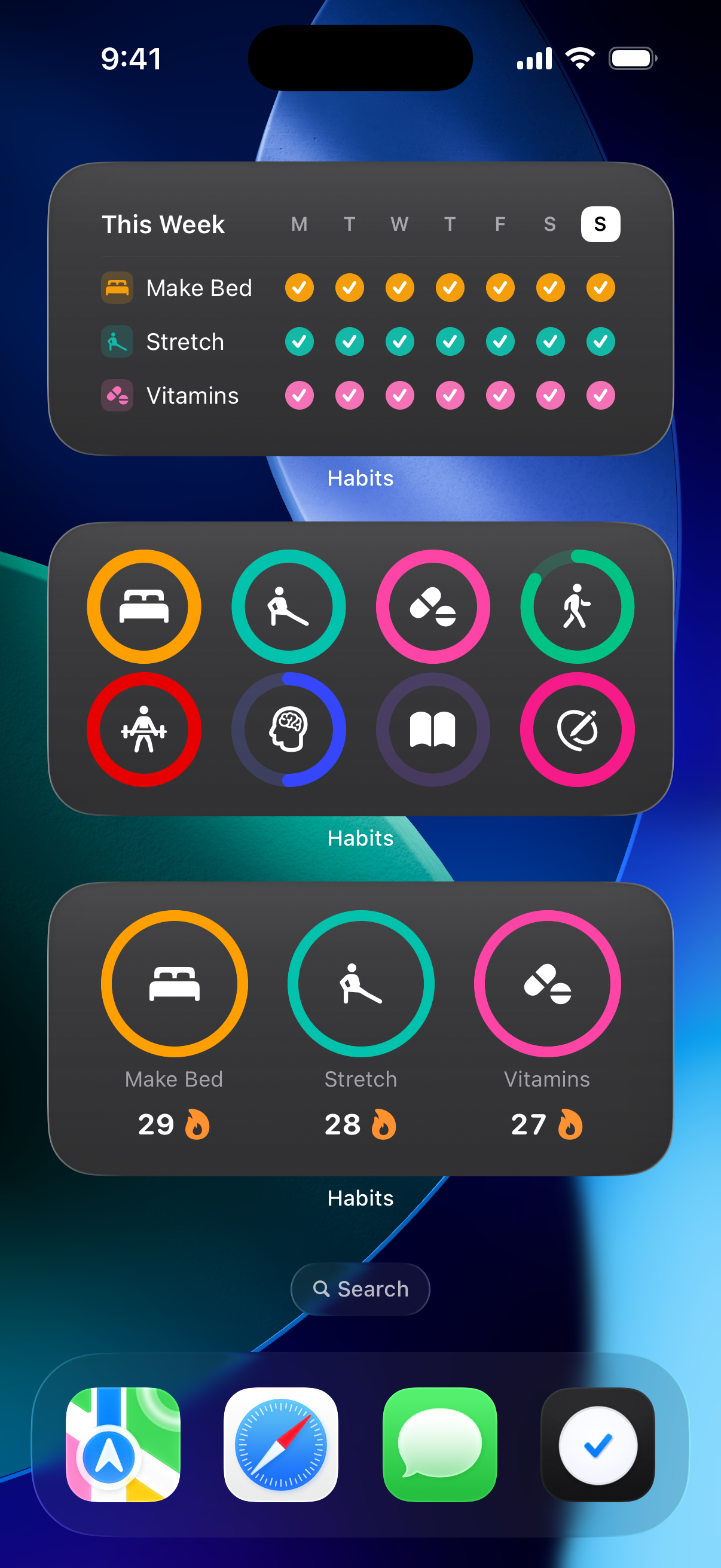 Habits weekly and streak widgets on an iPhone Home Screen.