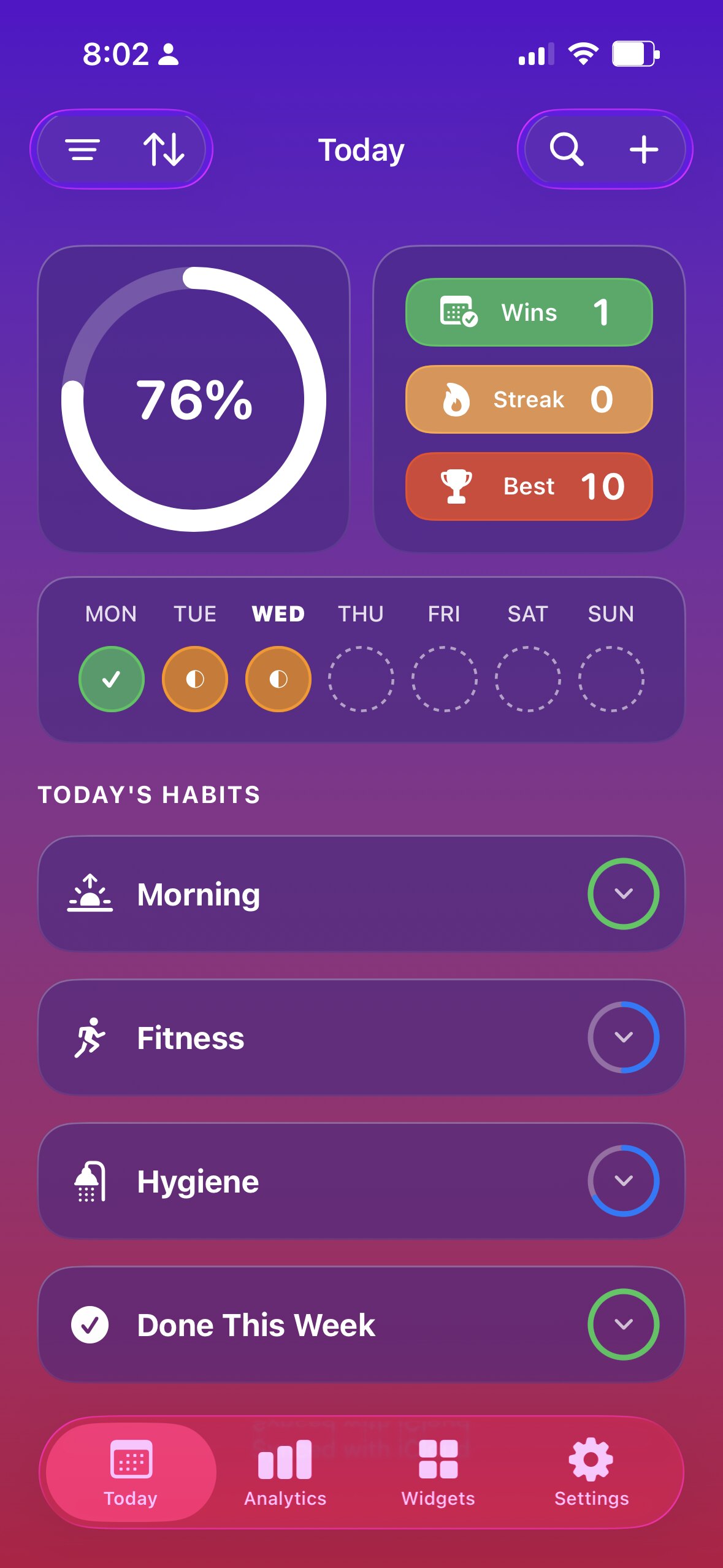 Habits in the Aurora theme — pink and purple gradient.