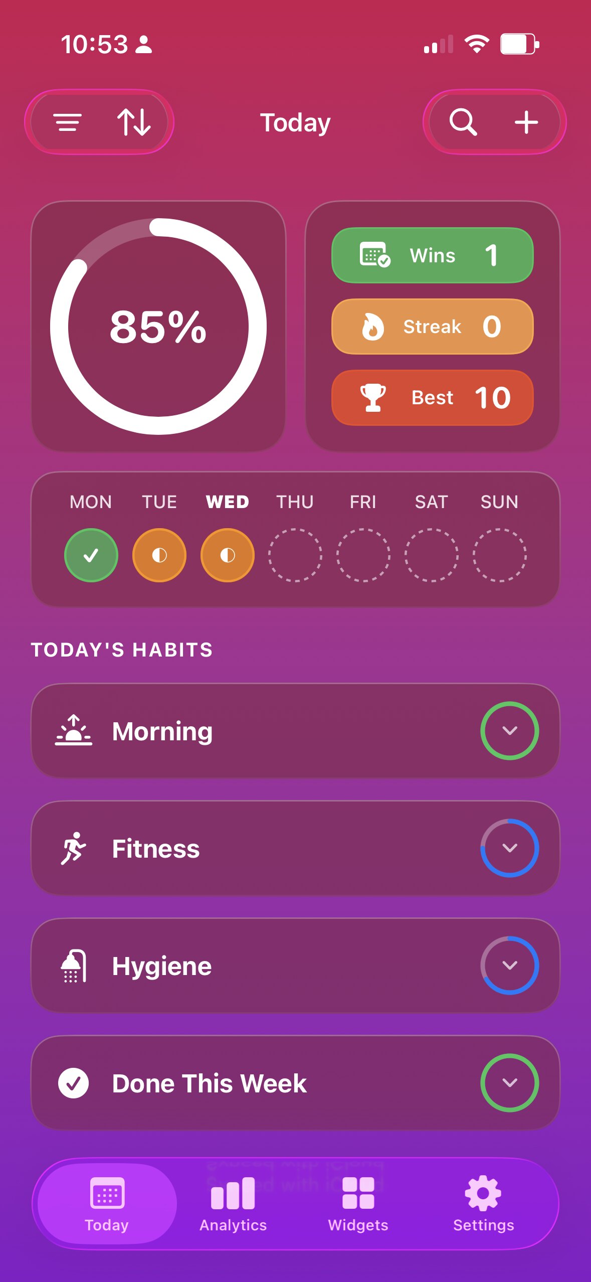 Habits in the Bloom theme — magenta and rose.