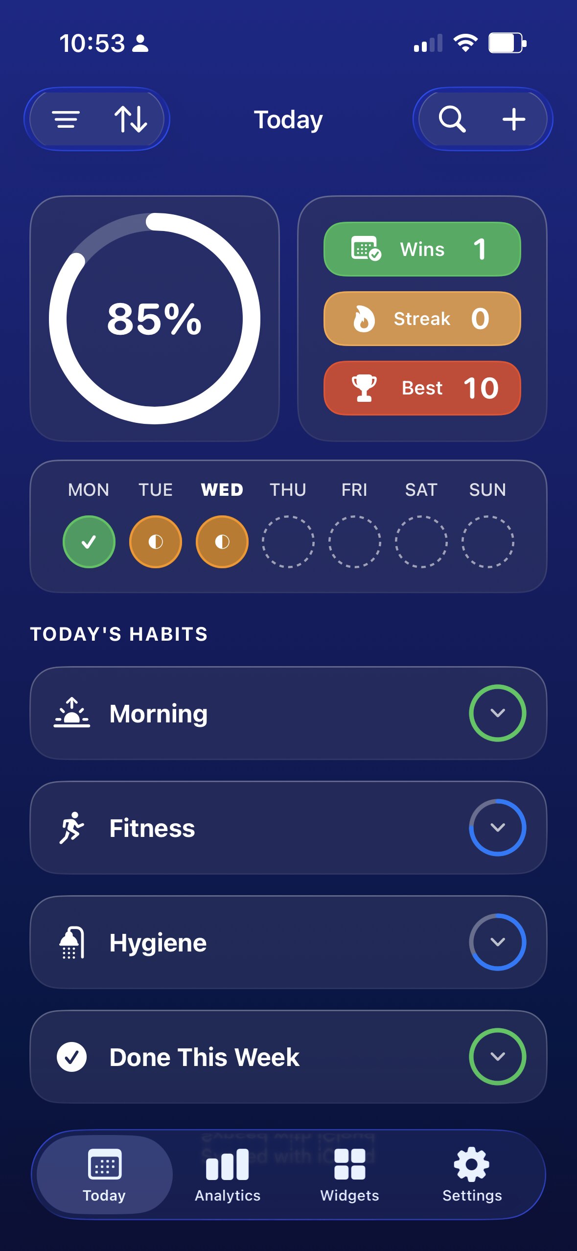 Habits in the Indigo theme — midnight navy.