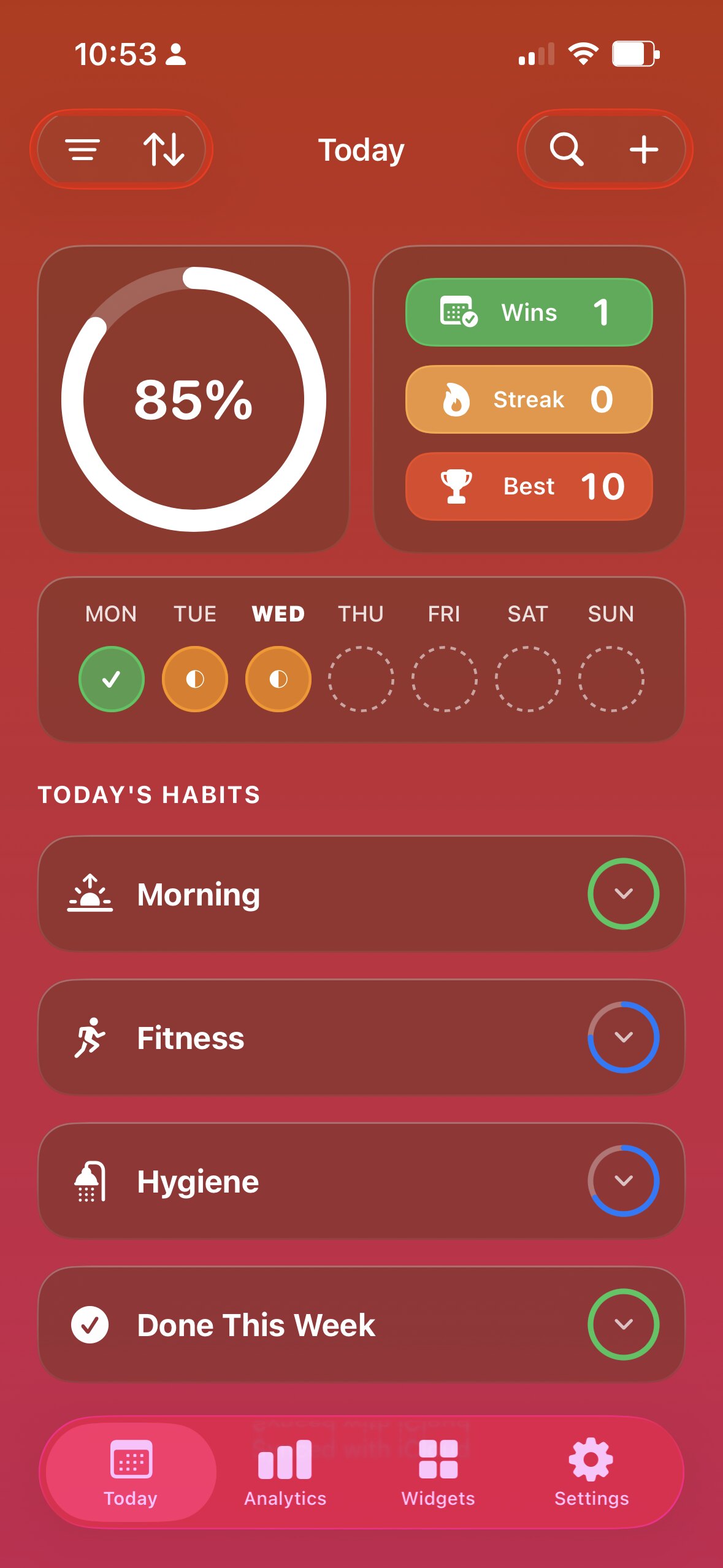 Habits in the Sunset theme — warm red and orange.