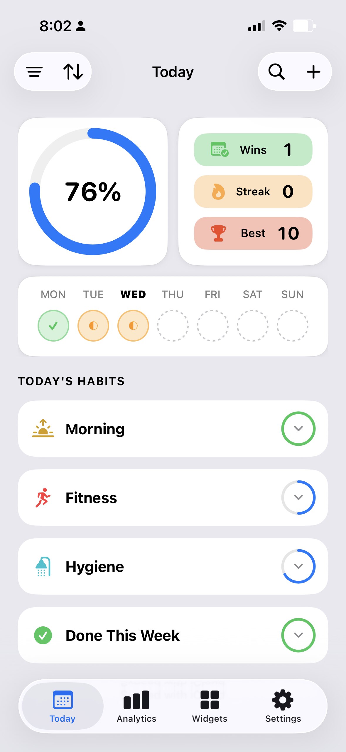 Habits Today screen in Light theme, showing 76% complete with weekly progress and habit groups.